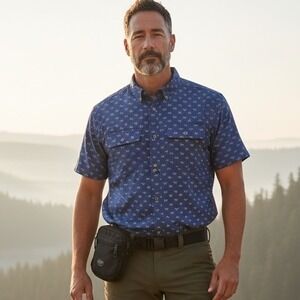 Eddie Bauer Mens XXL Blue Sunburst Print Short Sleeve Gorpcore Button Up Shirt
